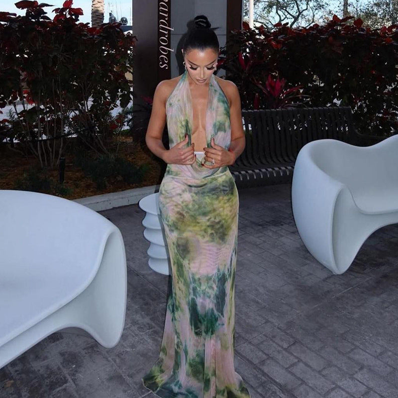 Women's 2-Piece Tie-Dye Halter V-Neck Backless Dress