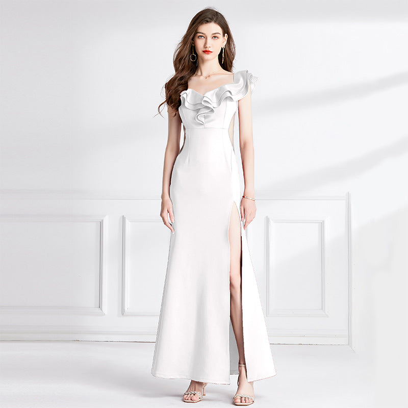 Milky White Off Shoulder Dress With Ruffled Sleeves Long Skirt