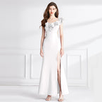 Milky White Off Shoulder Dress With Ruffled Sleeves Long Skirt