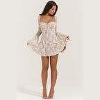 Lace Square Collar Bell-bottom Long Sleeve Tied A- Line Dress