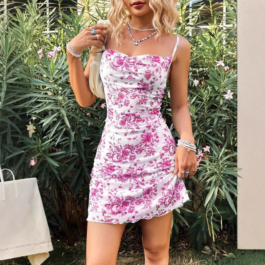 Floral Slip Dress With Suspender Skirt Mid Waist