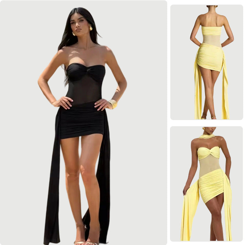 Vibrant Mesh Stitch Tube Top Dress With High Waist Hip Skirt Silhouette