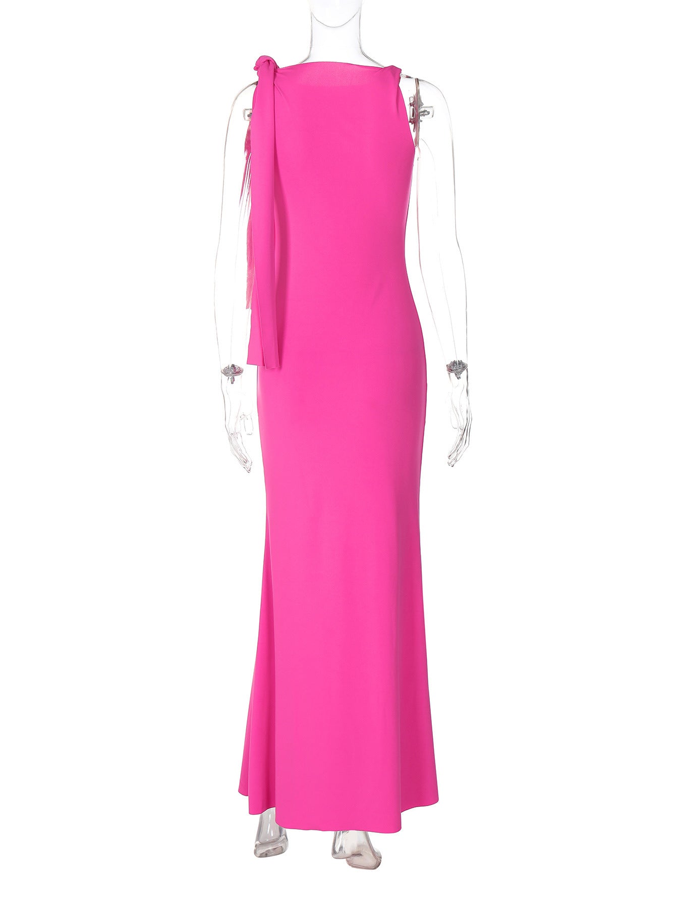 One-Shoulder Ribbon Long Dress Slim Fit Sleeveless Evening Party