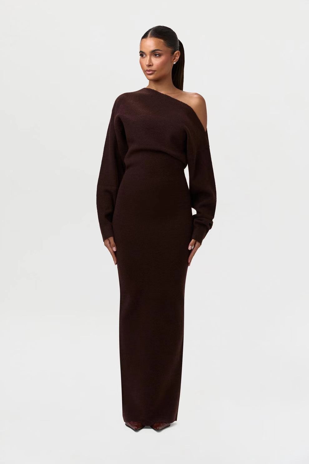 Slim Off-Shoulder Knitted Bodycon Long Sleeve Maxi Dress
