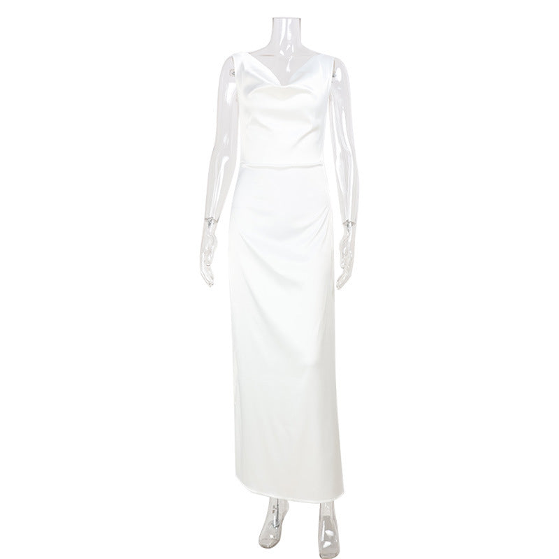 Satin French Style Sleeveless V-Neck Swing Collar Dress