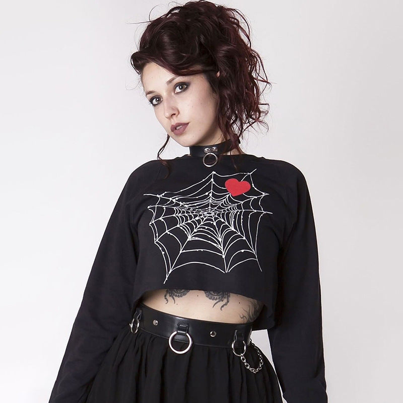 Black Cotton Top With Spider Web Heart Print For Edgy Streetwear Lovers