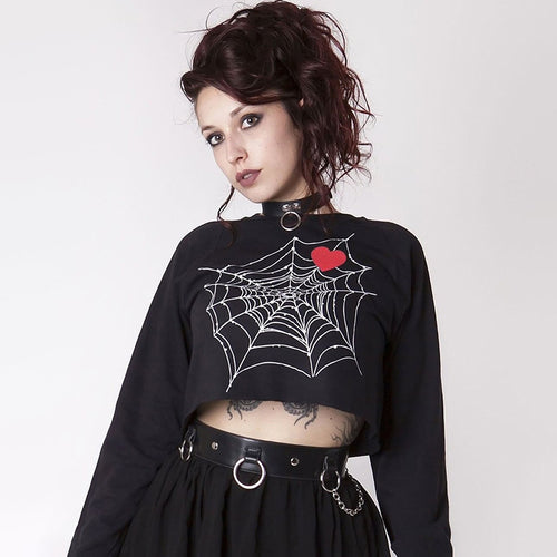 Black Cotton Top With Spider Web Heart Print For Edgy Streetwear Lovers