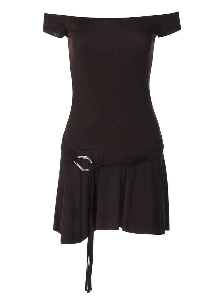 Coffee Sheath Dress With Flounced Skirt