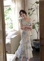 Floral Ruffle Dress With High Waist And Fishtail Skirt In Beige Blue Flower Print