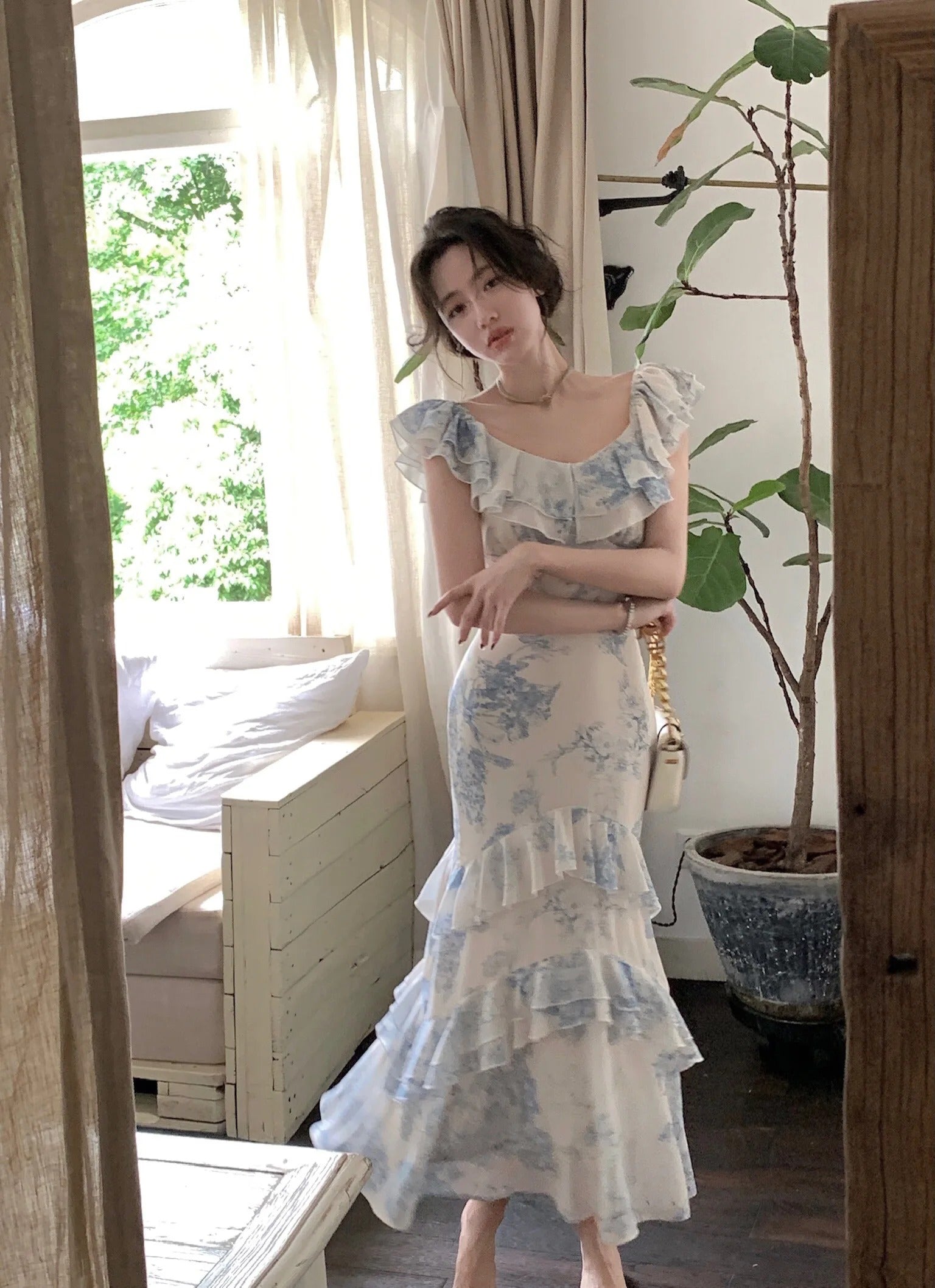 Floral Ruffle Dress With High Waist And Fishtail Skirt In Beige Blue Flower Print