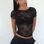 Lace Round Neck Slim Fit Top For Women See Through