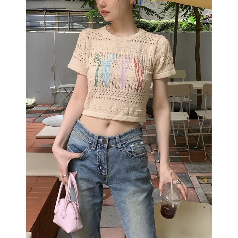 Apricot Cropped Knit Tee Short Sleeve