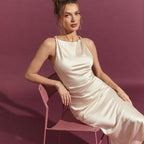 Apricot Satin High Waist Dress With Spaghetti Straps Sleeveless