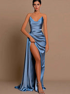 Mermaid Formal Party V Neck Long Satin Ball Gown