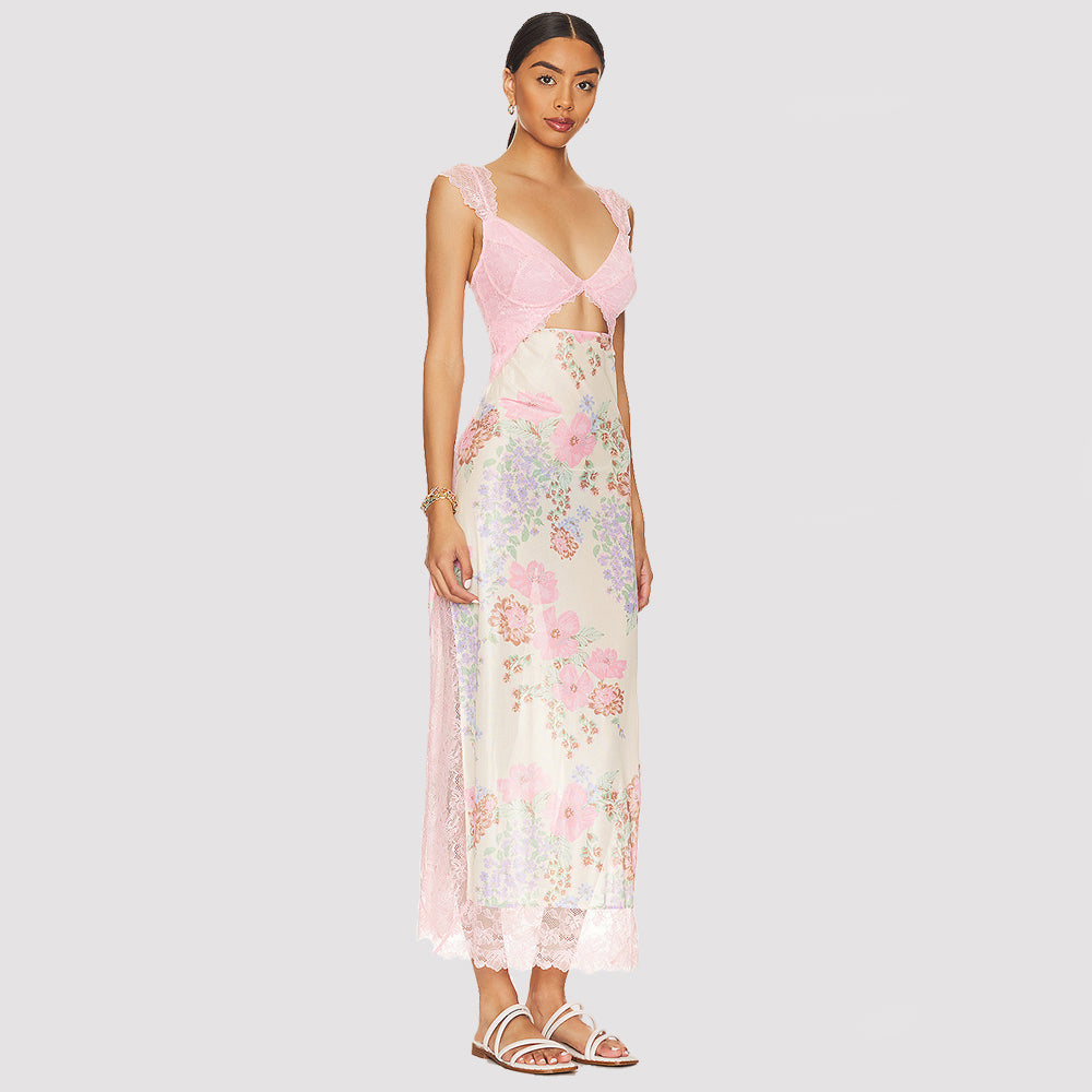 Women's V-Neck Lace Floral Print Midi Dress