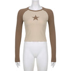 Khaki Stars Patchwork Long Sleeve Top for Women Chic Slim Fit