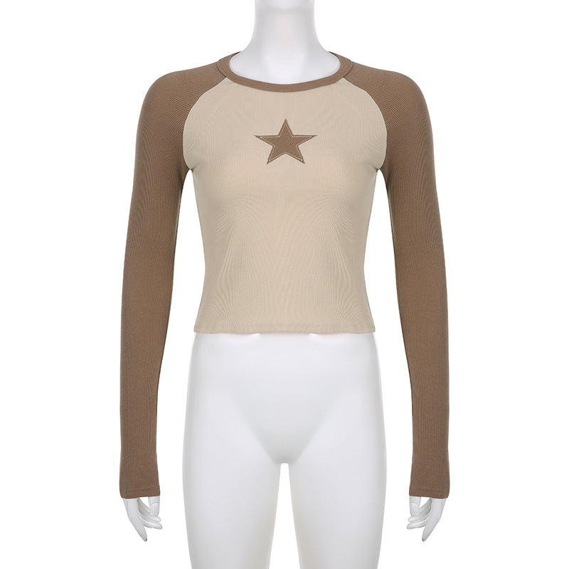 Khaki Stars Patchwork Long Sleeve Top for Women Chic Slim Fit