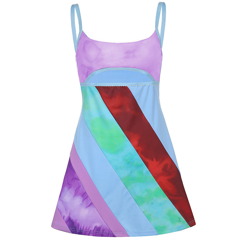 Y2K Aesthetic Patchwork Front Cut Out Stripe Spaghetti Strap Sexy Dress