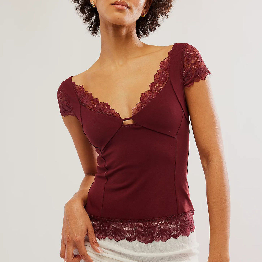 Lace Deep V Short Sleeve Top