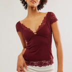 Lace Deep V Short Sleeve Top