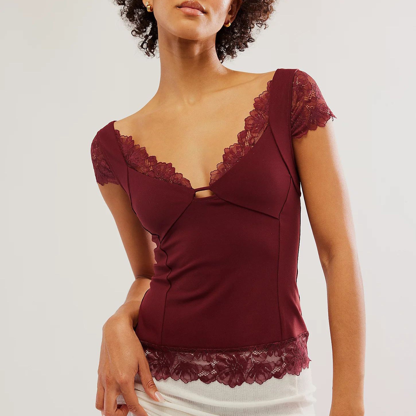 Lace Deep V Short Sleeve Top