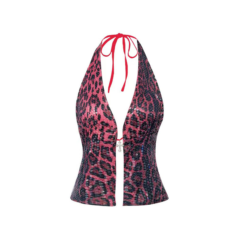 Leopard Print Sleeveless Halter Vest For Women In Chic Silhouette