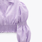 Purple Plaid V Neck Short Sleeve Top