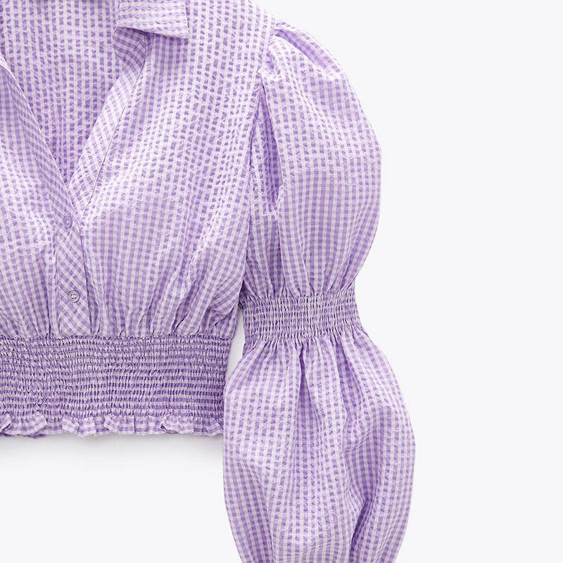 Purple Plaid V Neck Short Sleeve Top
