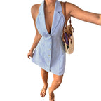 Sky Blue Halter Neck Sheath Dress With High Waist