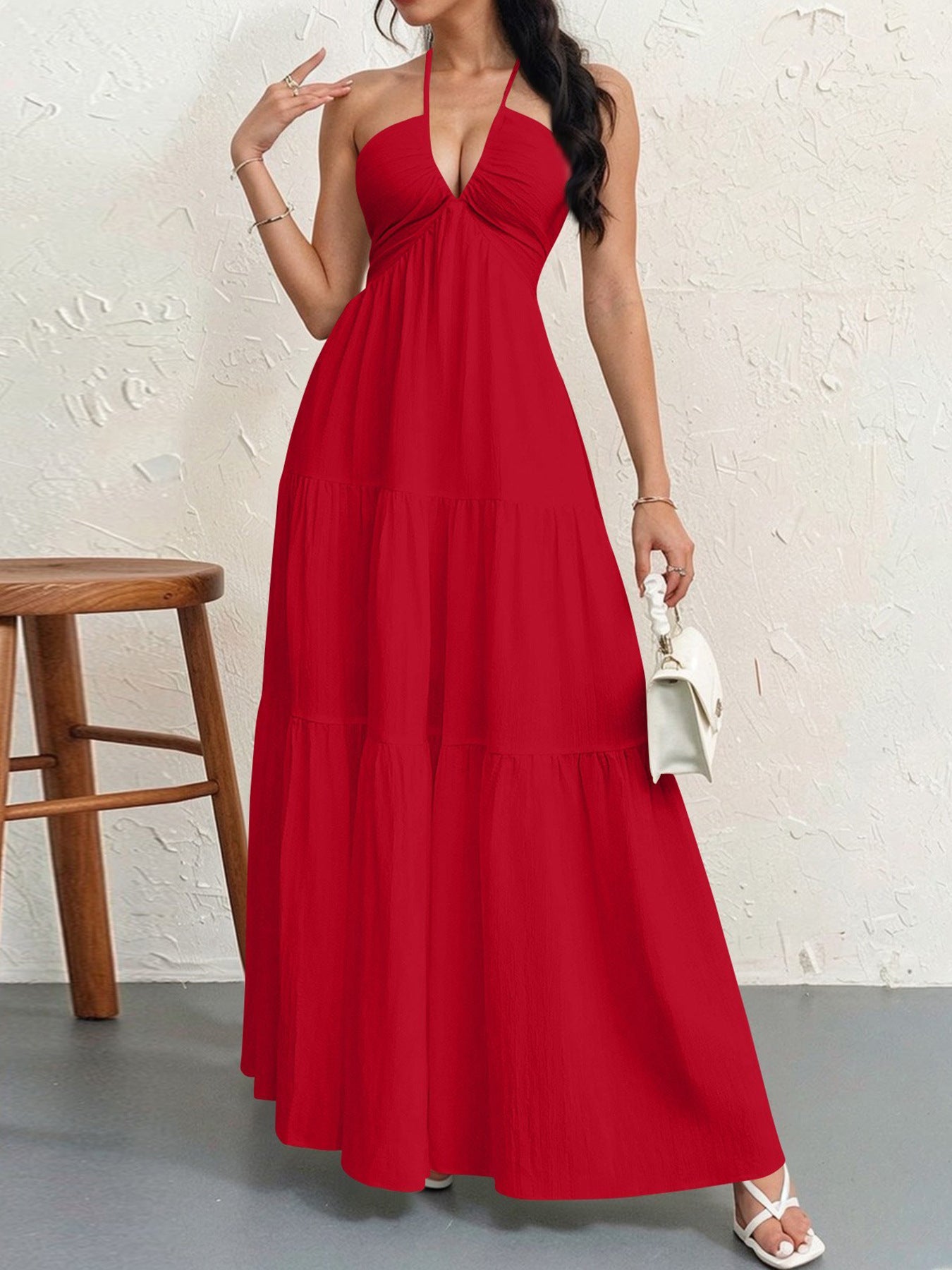 Backless Halter Neck A-Line Maxi Dress With Pleated Skirt For Beach Vacation