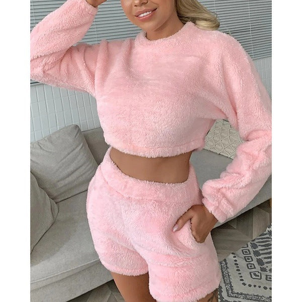 Cozy Plush Women Home Set With Long Sleeve Sweater Top And Shorts