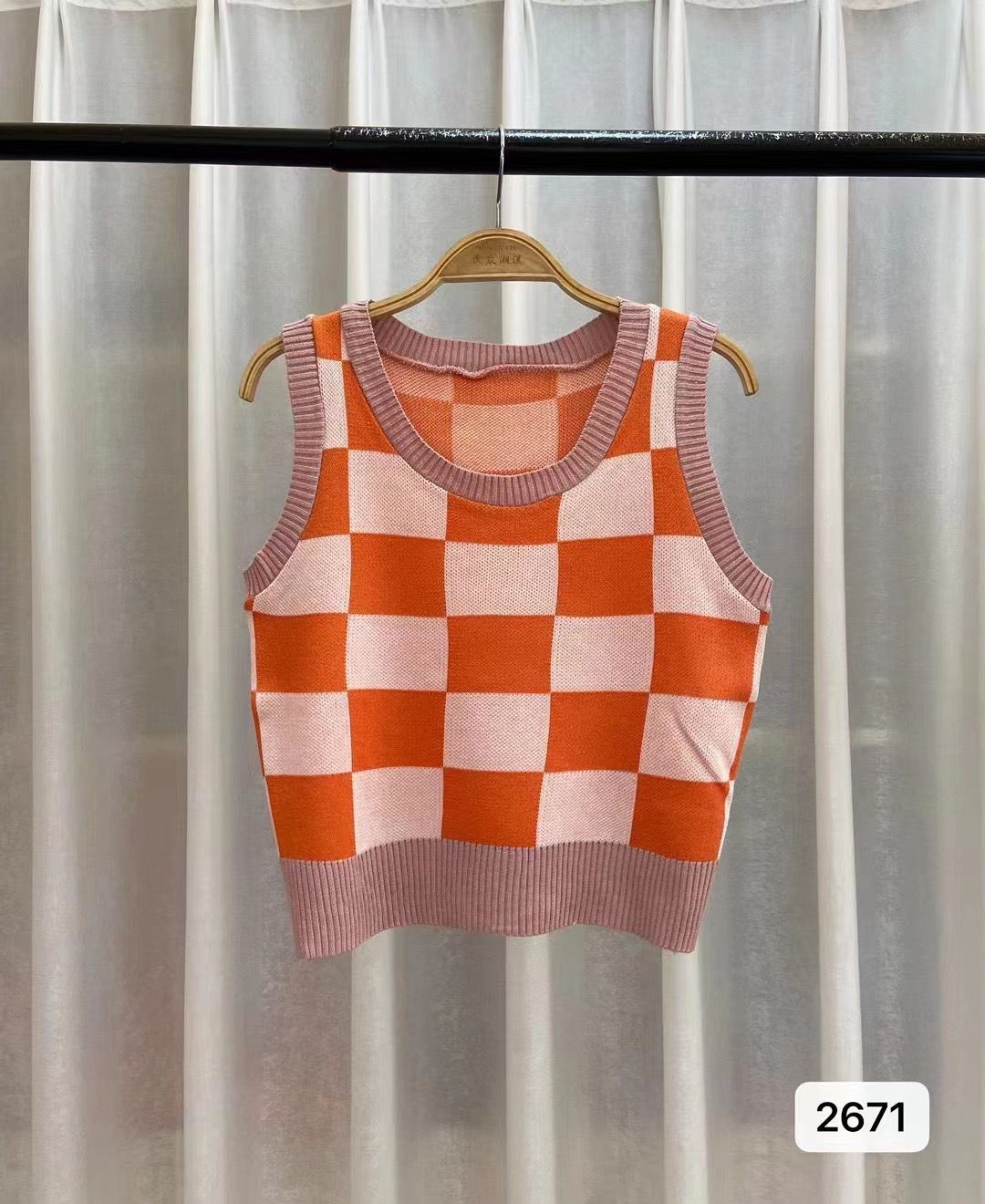 Plaid Square Knitted Camisole Soft Viscose Slim Fit Free Size