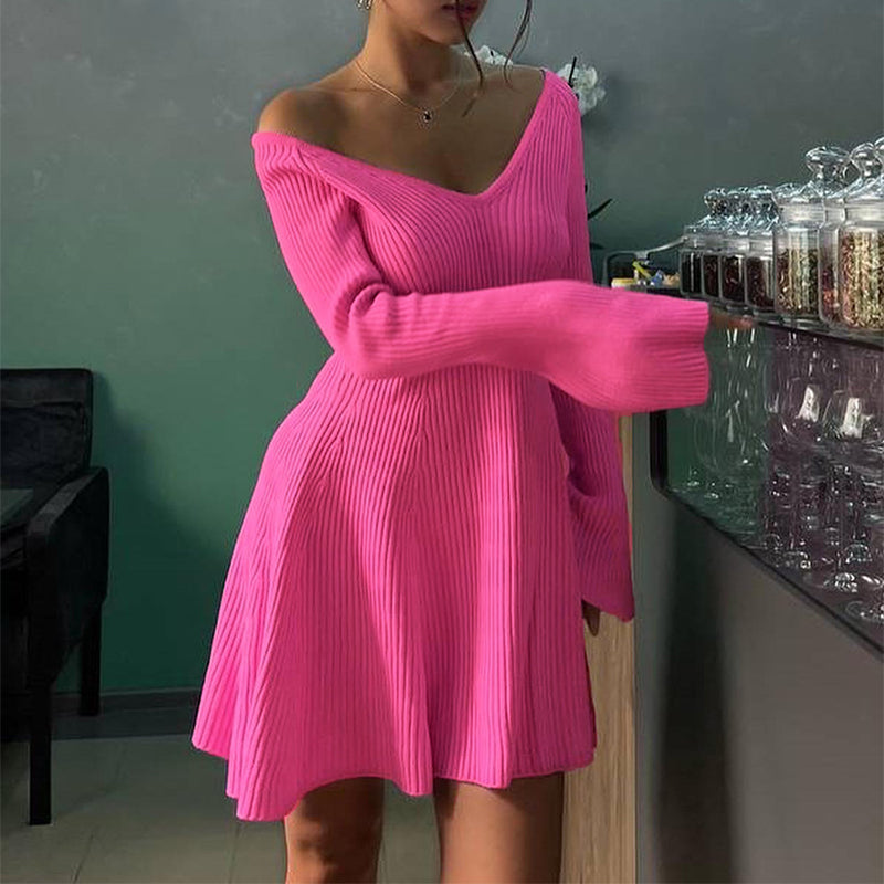 Women's V-Neck Long Sleeve Knitted A-Line Mini Dress