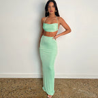 Green two piece Tube Top And Pleated Skirt Set