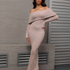French-Style One-Shoulder Knitted Long-Sleeved Dress