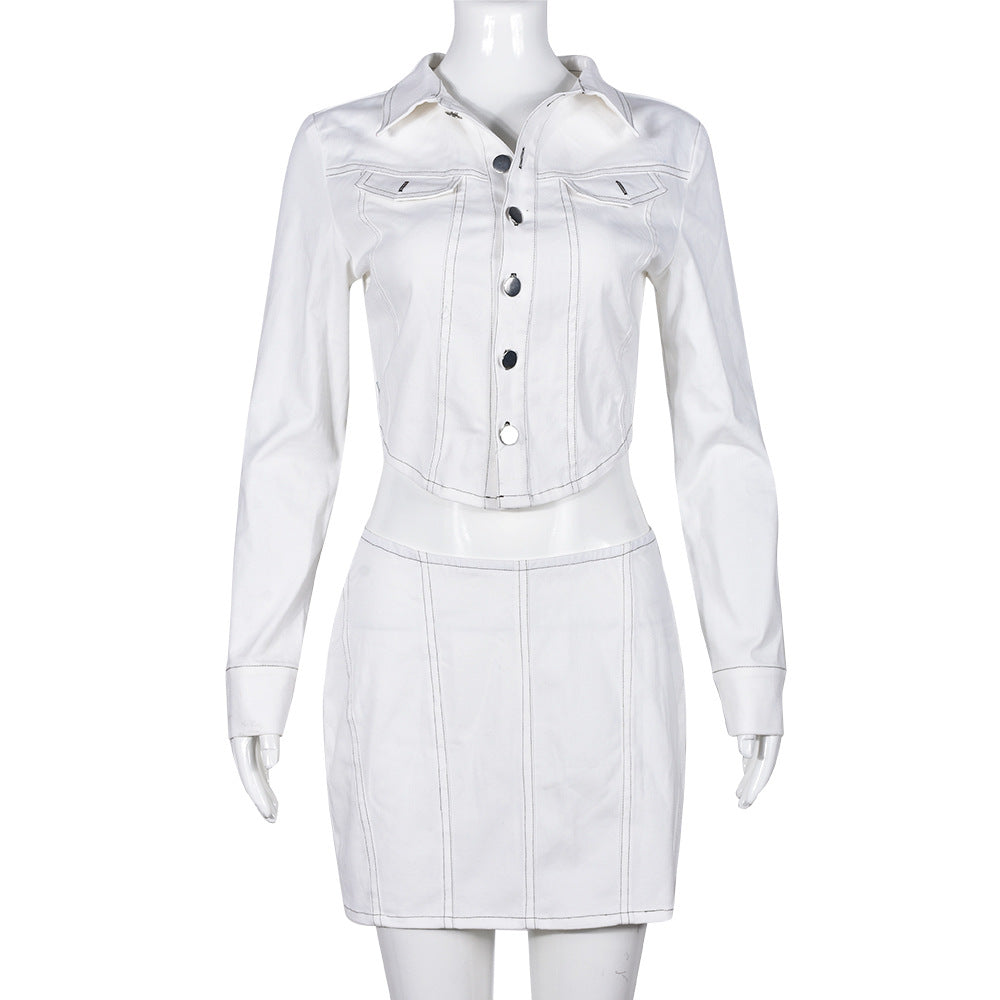 Chic Short Two Piece Skirt Set Solid Color Black White