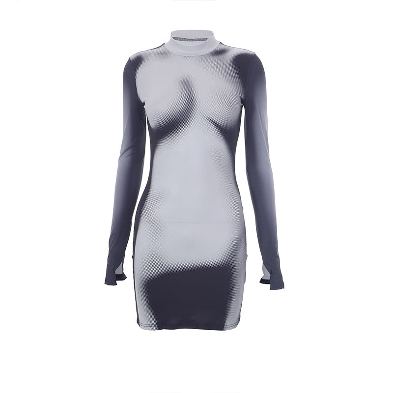 Fashion Body Printed Long-sleeved Slim Round Neck Short Dress