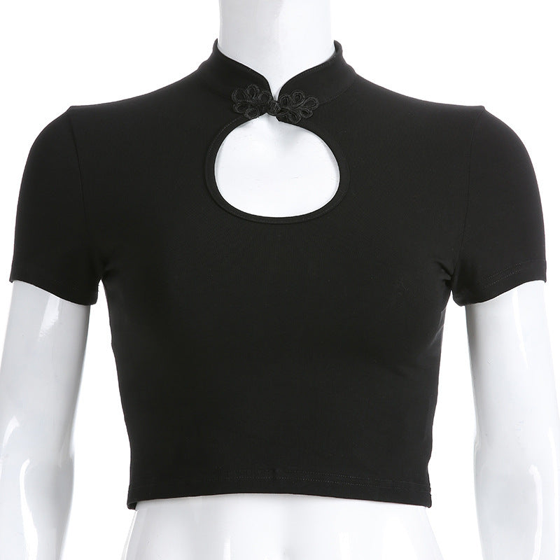Openwork Button Collar Tee Top Black Cotton Blend