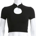 Openwork Button Collar Tee Top Black Cotton Blend