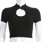 Openwork Button Collar Tee Top Black Cotton Blend