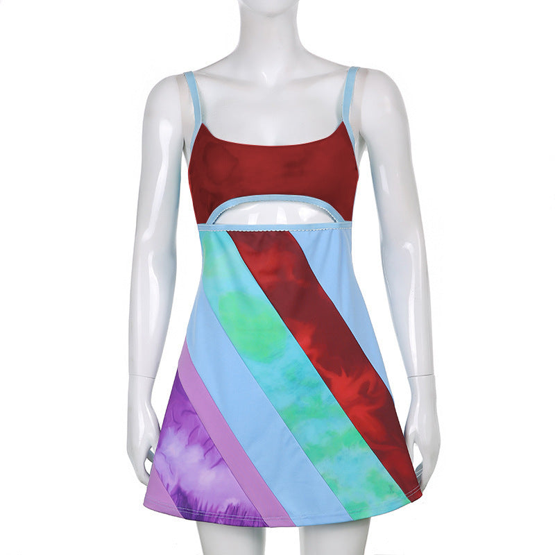 Y2K Aesthetic Patchwork Front Cut Out Stripe Spaghetti Strap Sexy Dress