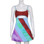 Y2K Aesthetic Patchwork Front Cut Out Stripe Spaghetti Strap Sexy Dress