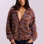Cozy Stripe Knitted Button Cardigan Cropped V Neck Sweater For Women