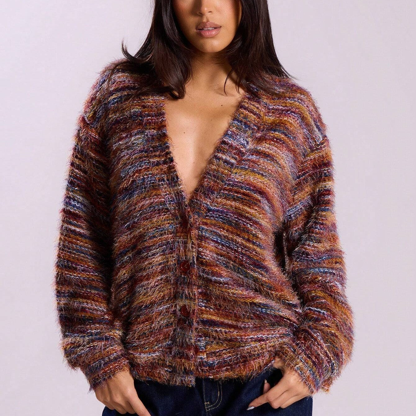 Cozy Stripe Knitted Button Cardigan Cropped V Neck Sweater For Women