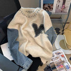 Cozy Spliced Sweater Top For Women Loose Round Neck