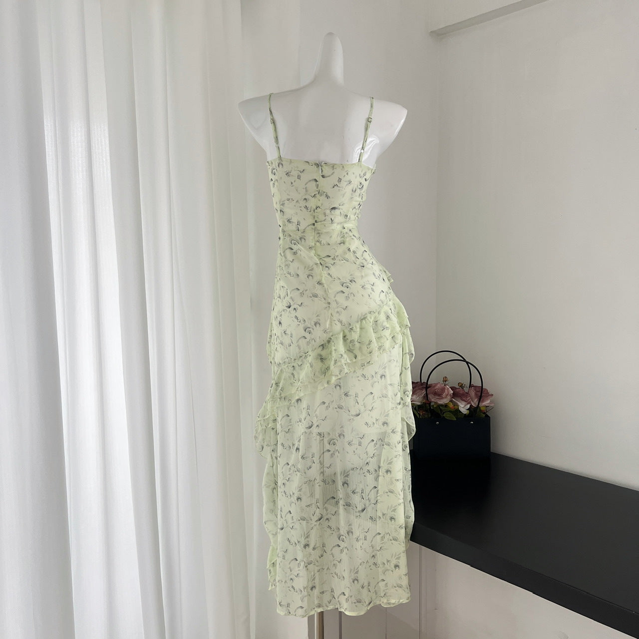 Malt Green Floral Chiffon Dress With Spaghetti Straps Flounced Midi Skirt Retro Art Vibe