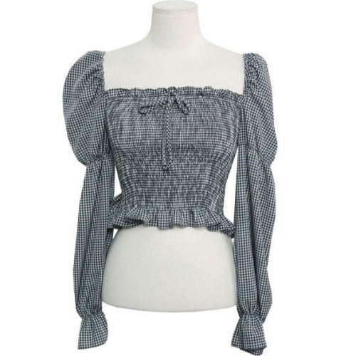 Check Bandeau Drawstring Top For Ladies Lightweight Cotton Flowy Look