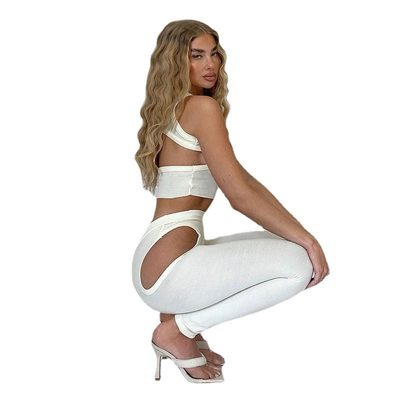 Sporty Two Piece Cutout Tank Top and Trousers Tracksuit in Milk Silk White Edition