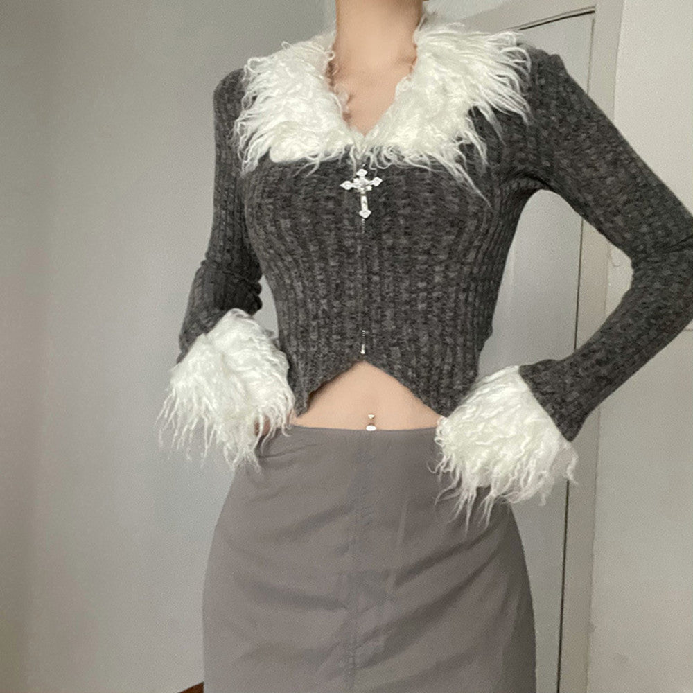 Chic Cropped Zipper Long Sleeve Top In Grey With Sculpted Slim Fit