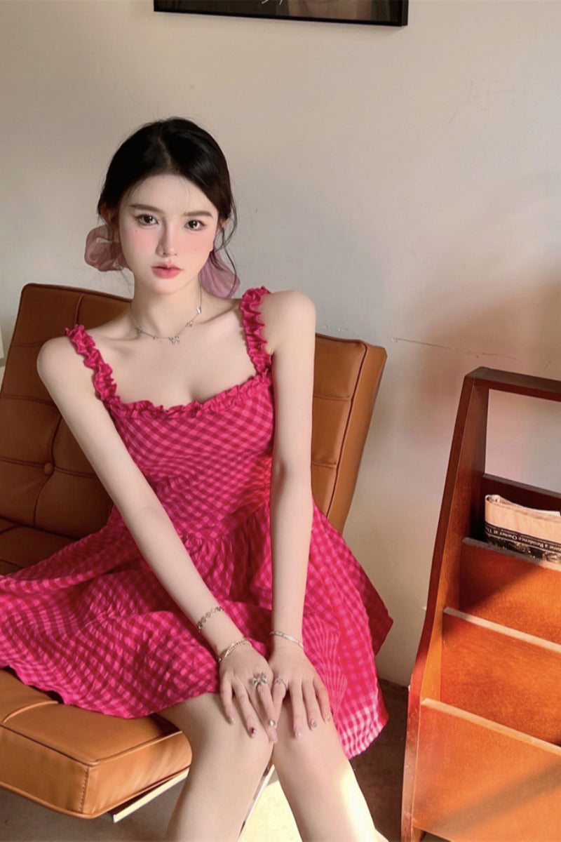Raspberry Plaid Suspender Dress With High Waist Sleeveless